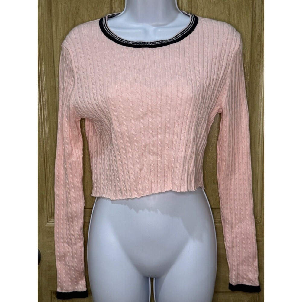 TOMMY HILFIGER LADIES PINK CABLE KNIT SELF CROPPED LOGO SWEATER SIZE M